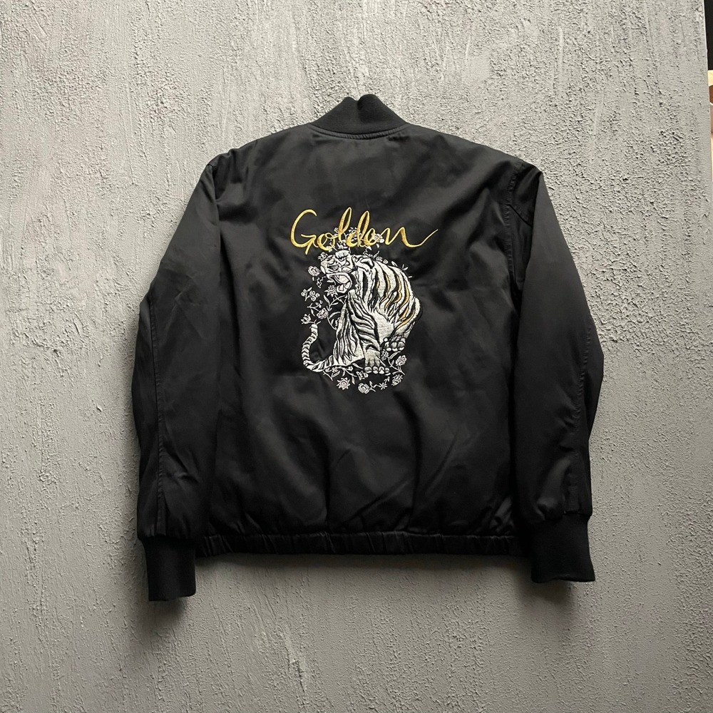 Tiger Embroidered Bomber Jacket Women Extra Small Black Golden by Tna